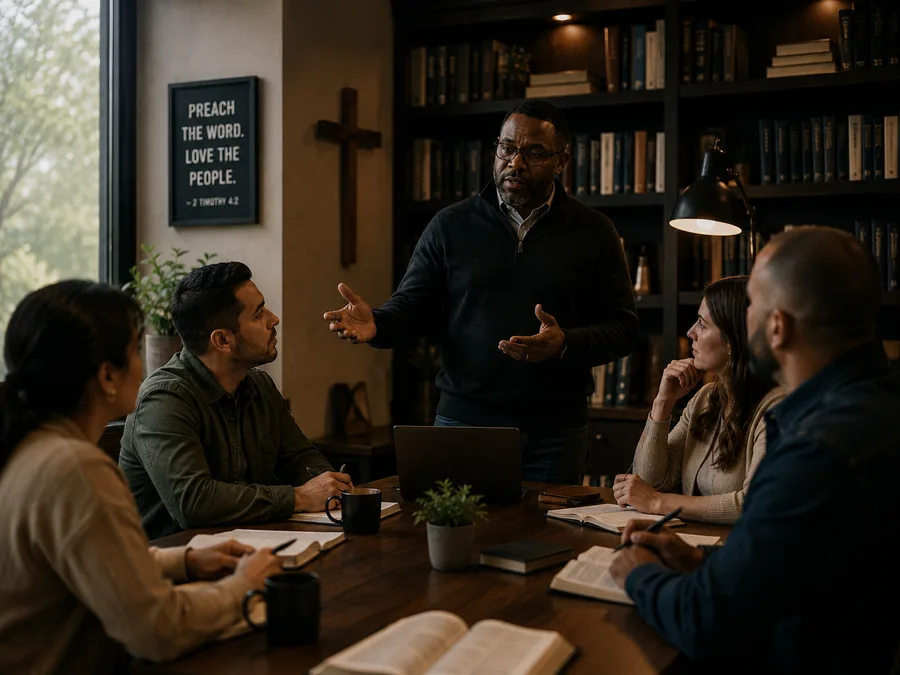 Pastor teaching staff around a table with open Bibles